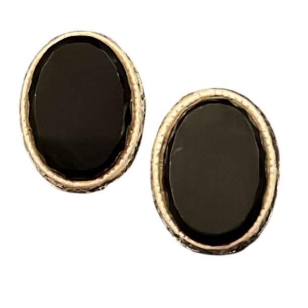 Vintage Mid Century Black Onyx Crystal Stone Cameo Clip On Earrings